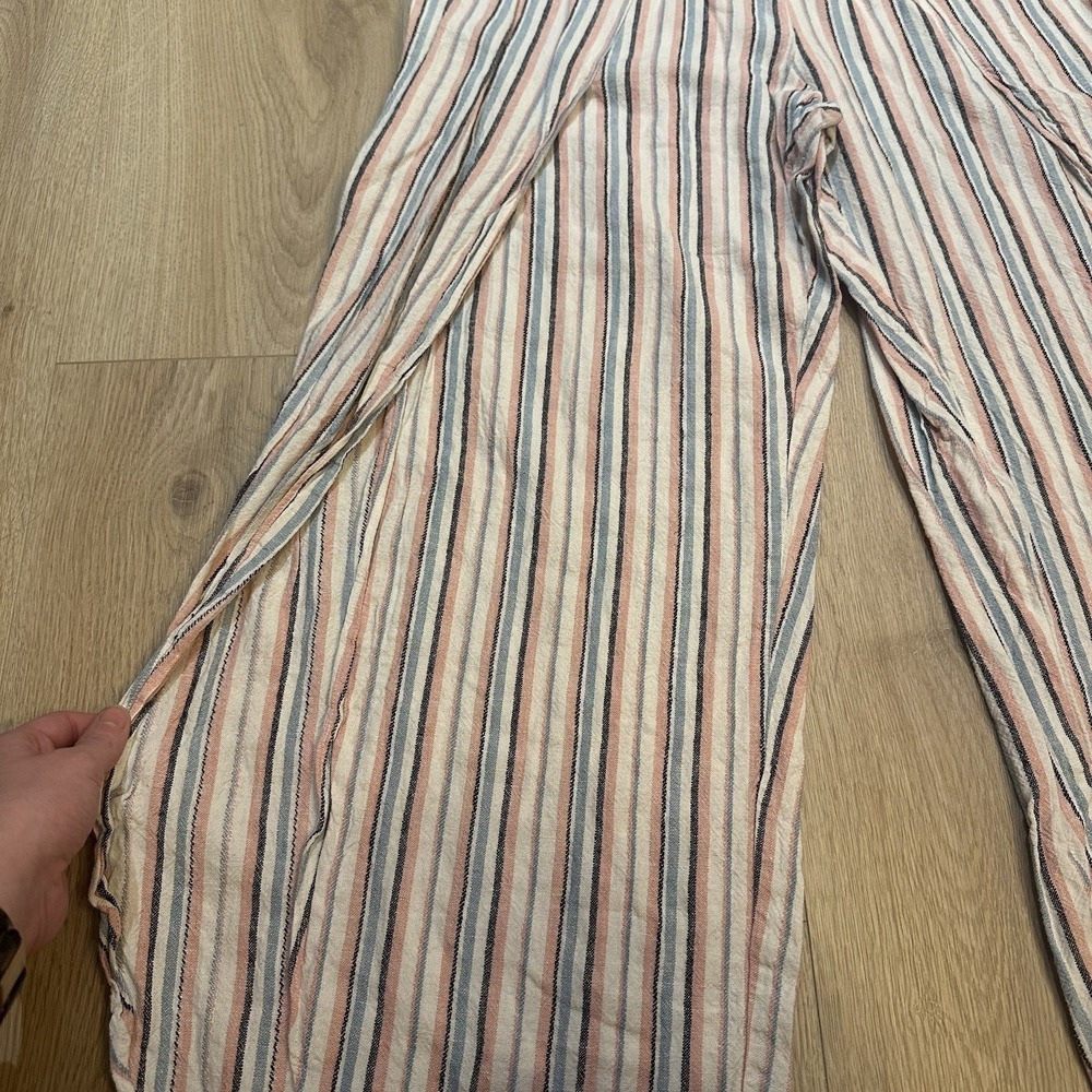 Anthropologie DREW Jumpsuit Tulip Leg Strapless Jumper Pastel Stripe Sz L Linen - Picture 3 of 9